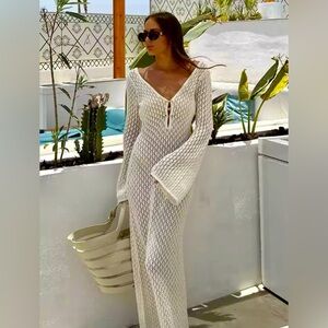 Alabaster White Long Knit Deep V-Neck HollowOut Knit Backless Evening Maxi Dress